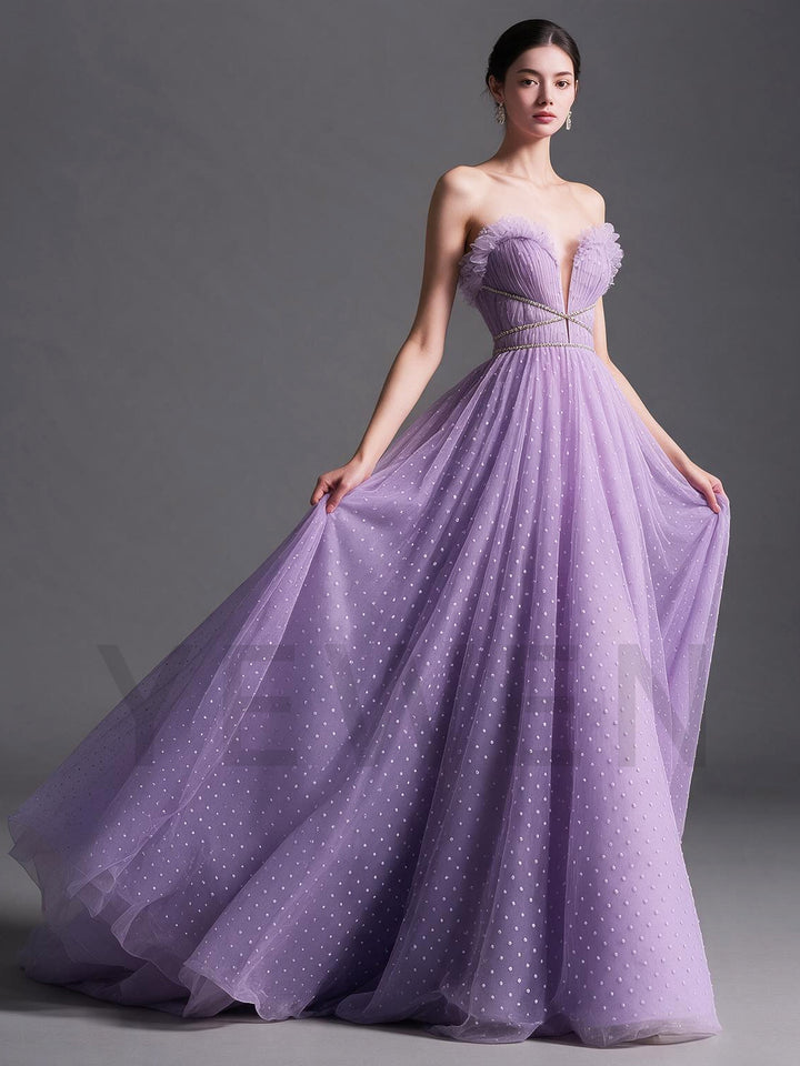 A-Line Strapless Deep V-Neck Swiss Dot Tulle Evening Gown YX008