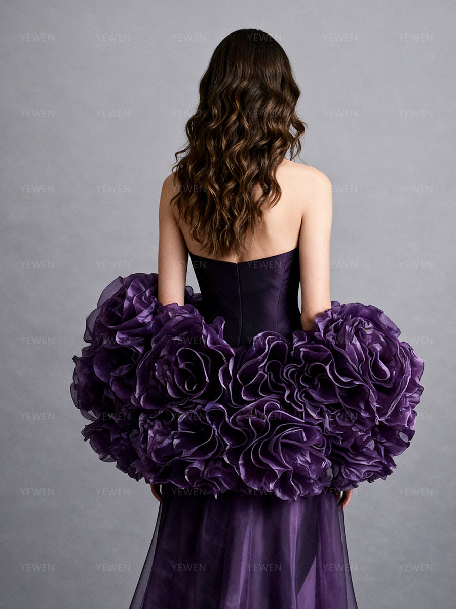 Purple Bridal Organza Cape with Handmade Flowers Detachable Wedding Cape Train Romantic Lightweight Bridal Accessory