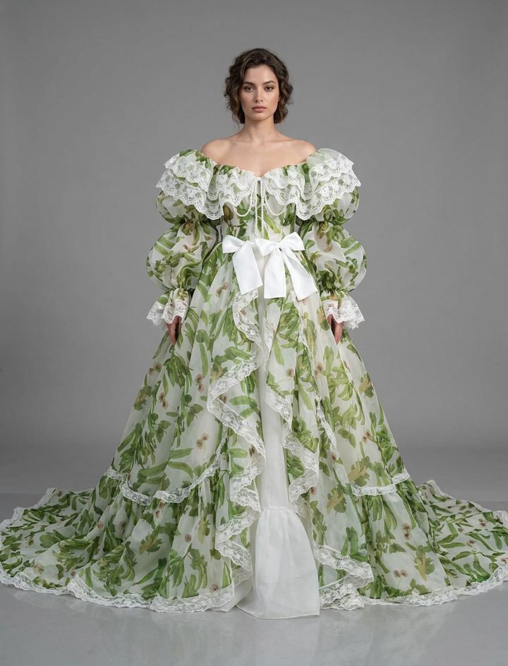 Floral Off-Shoulder Lace Ruffle Puff Sleeve Princess Dress YD260922