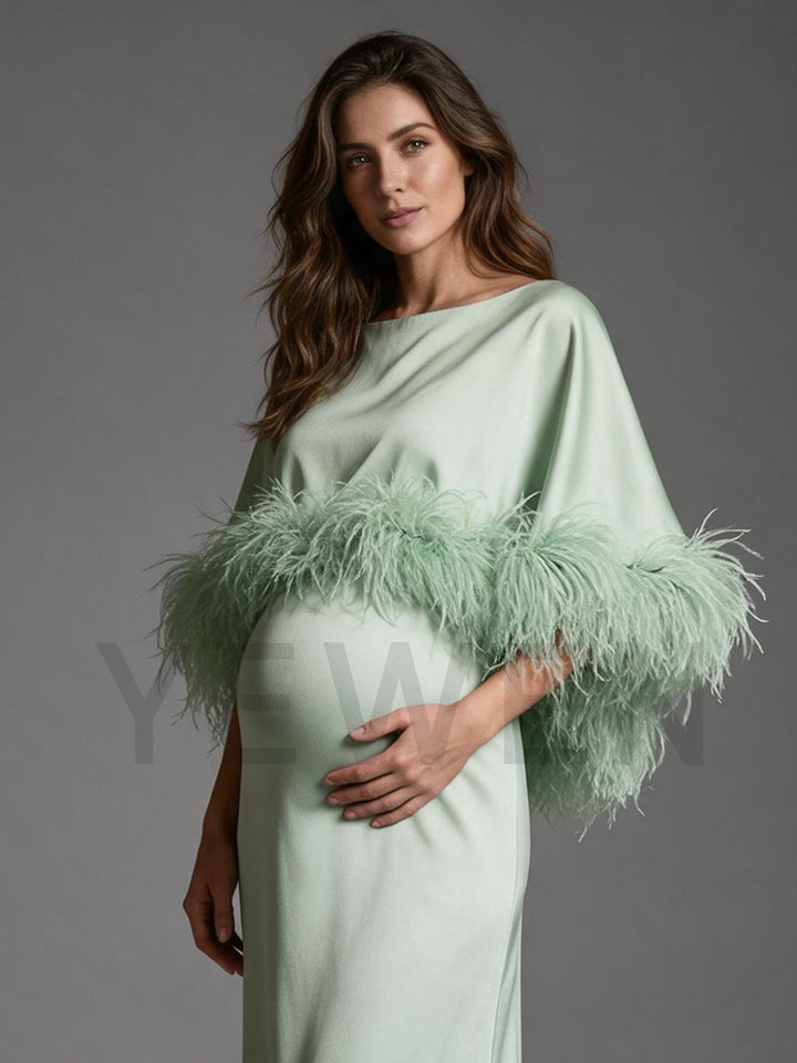 Boat Neck Ostrich Feather Satin Cape Maternity Dress for Baby Shower YW2609231