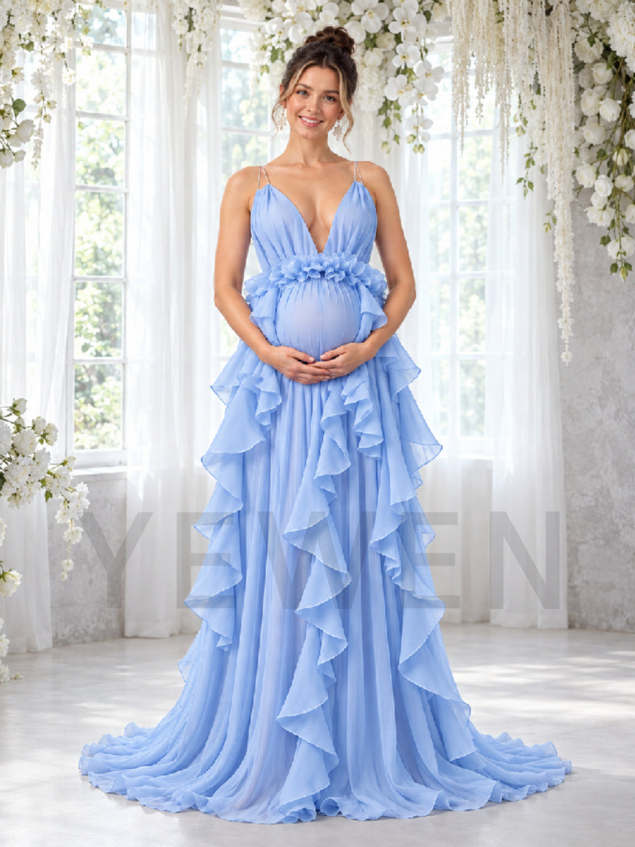 Spaghetti Deep V-Neck Tulle Ruffle Maternity Photoshoot Gown HA261003