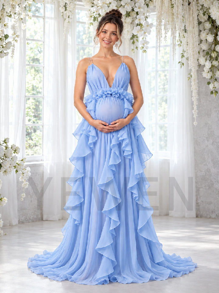 Spaghetti Deep V-Neck Tulle Ruffle Maternity Photoshoot Gown HA261003