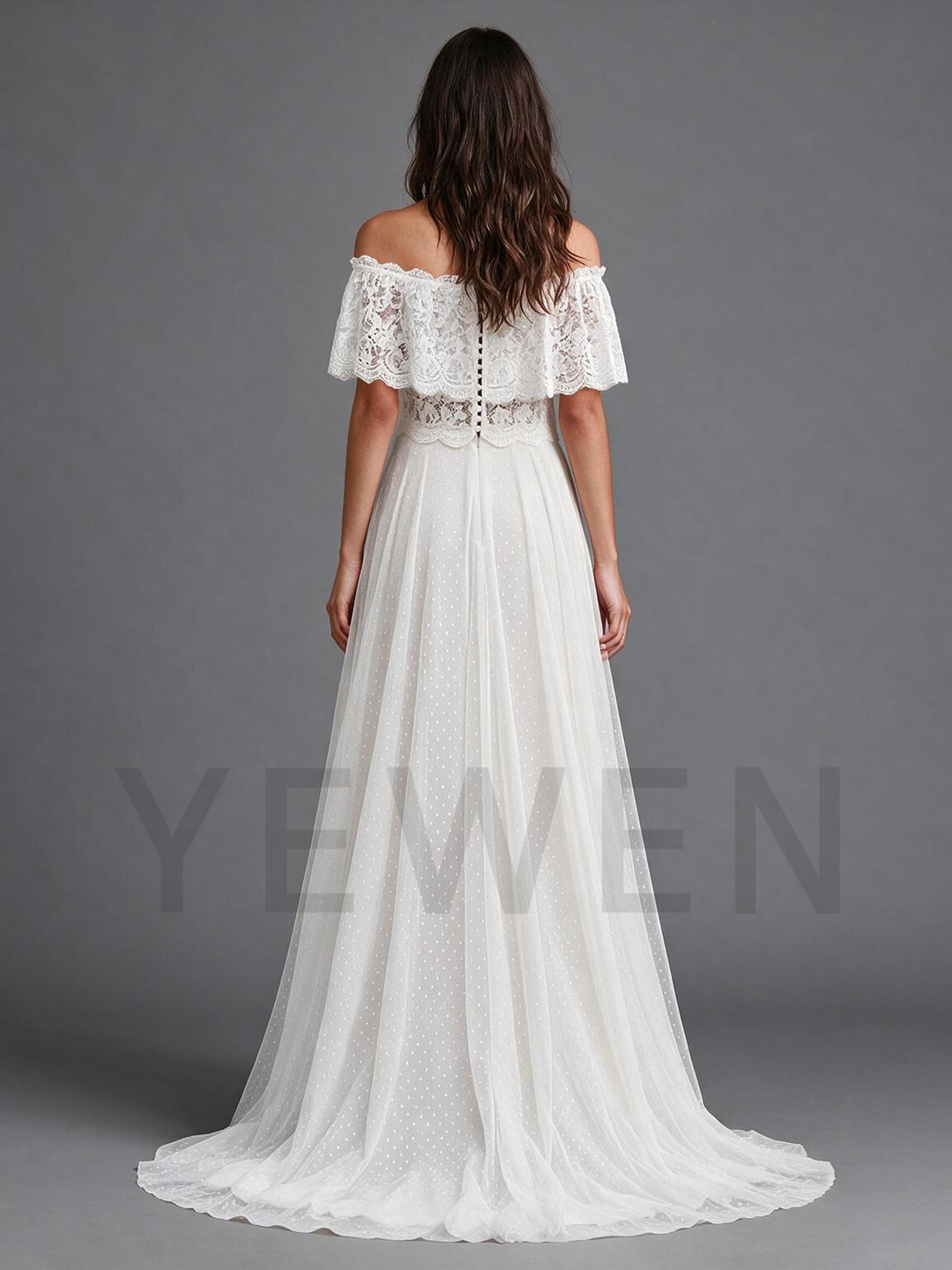 Ivory Off-Shoulder Double Ruffle Lace Drop Sleeve Boho Wedding Dress