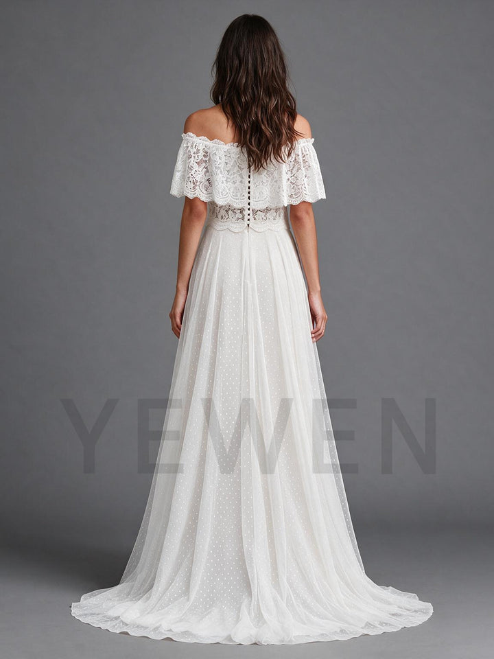 Ivory Off-Shoulder Double Ruffle Lace Drop Sleeve Boho Wedding Dress