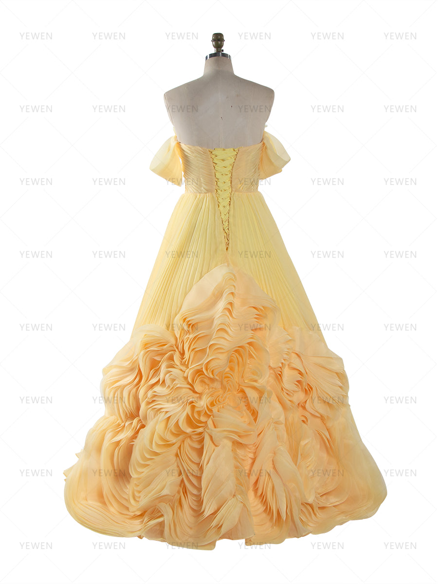 Modern Style Customized Yellow Ruched Long Formal Dress Strapless Evening Gown YW260273