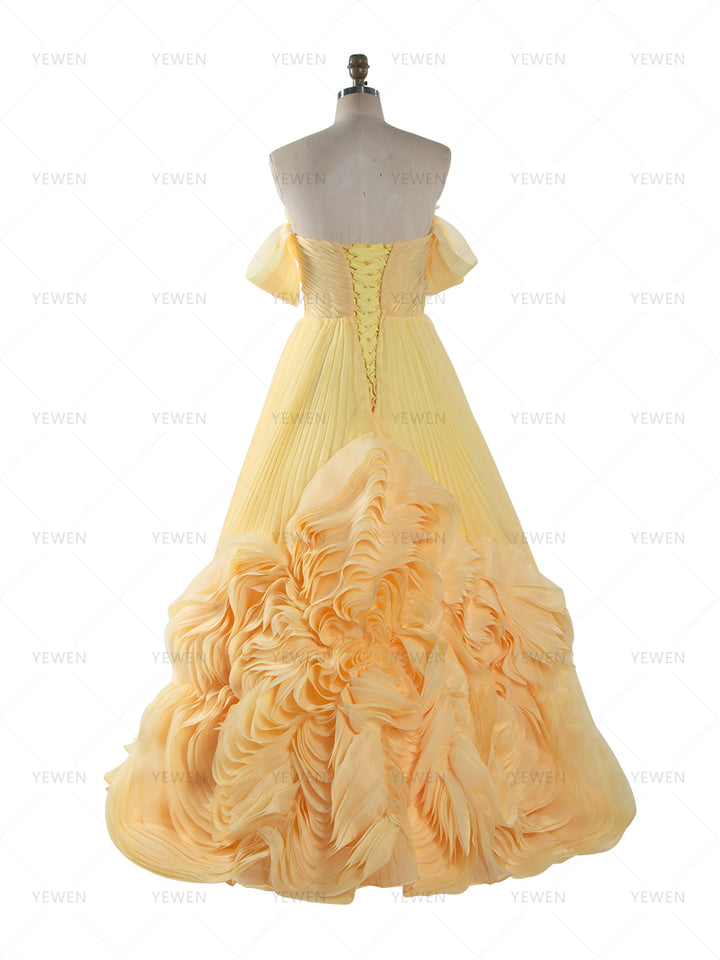 Modern Style Customized Yellow Ruched Long Formal Dress Strapless Evening Gown YW260273