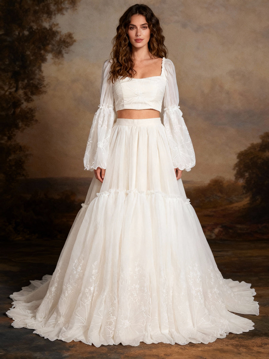 Elegant 2 Piece Set Boho Lace Dress for Photo Shoot Maternity Friendly- Wedding Dress YW240097 14 / White