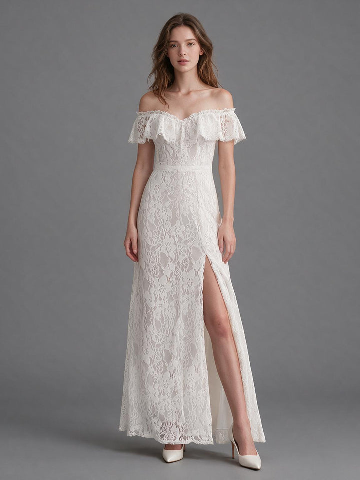 Ivory Off-Shoulder Ruffle Lace Wedding Dress with High Slit Skirt