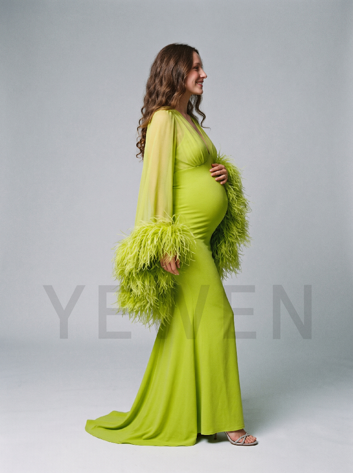 V-Neck Swimwear Fabric Maternity Photoshoot Gown with Feather Cuffs ZO269004