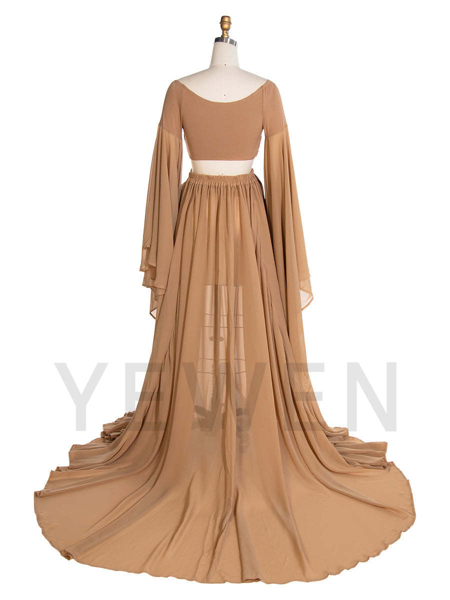 Fall Maternity Dress for Pictures Ruffled Sleeves Maternity Long Train Dress Boho Dress for Photohoot YW243111