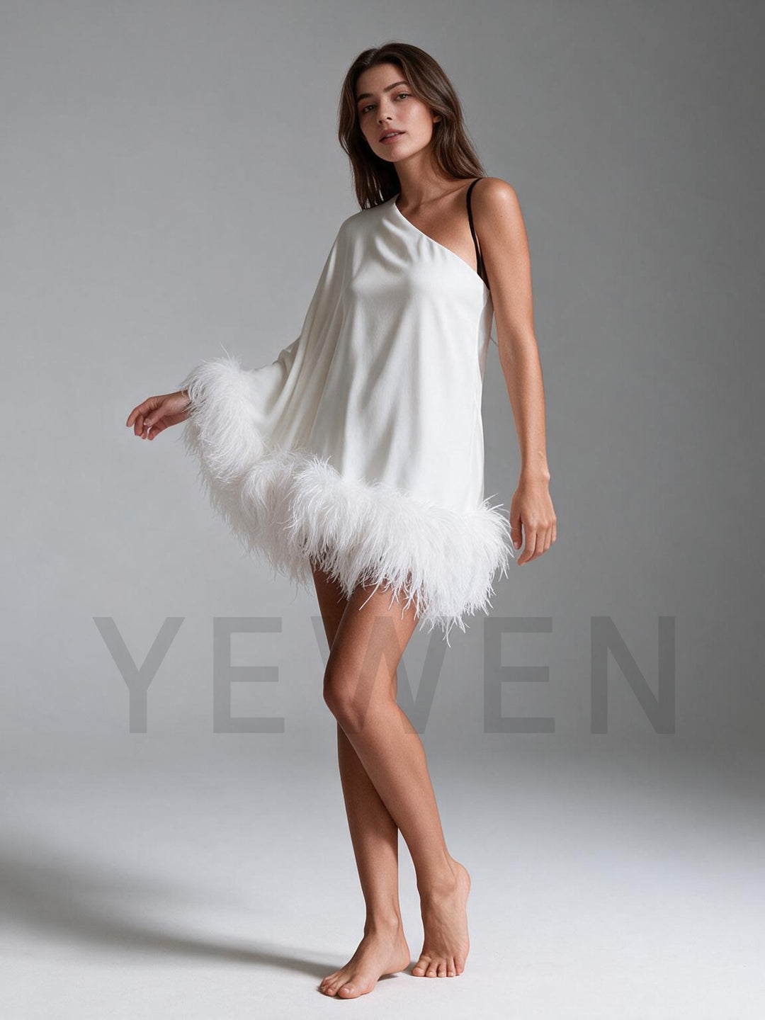 Ivory One-Shoulder Ostrich Feather Poncho Satin Party Dress YW2610061