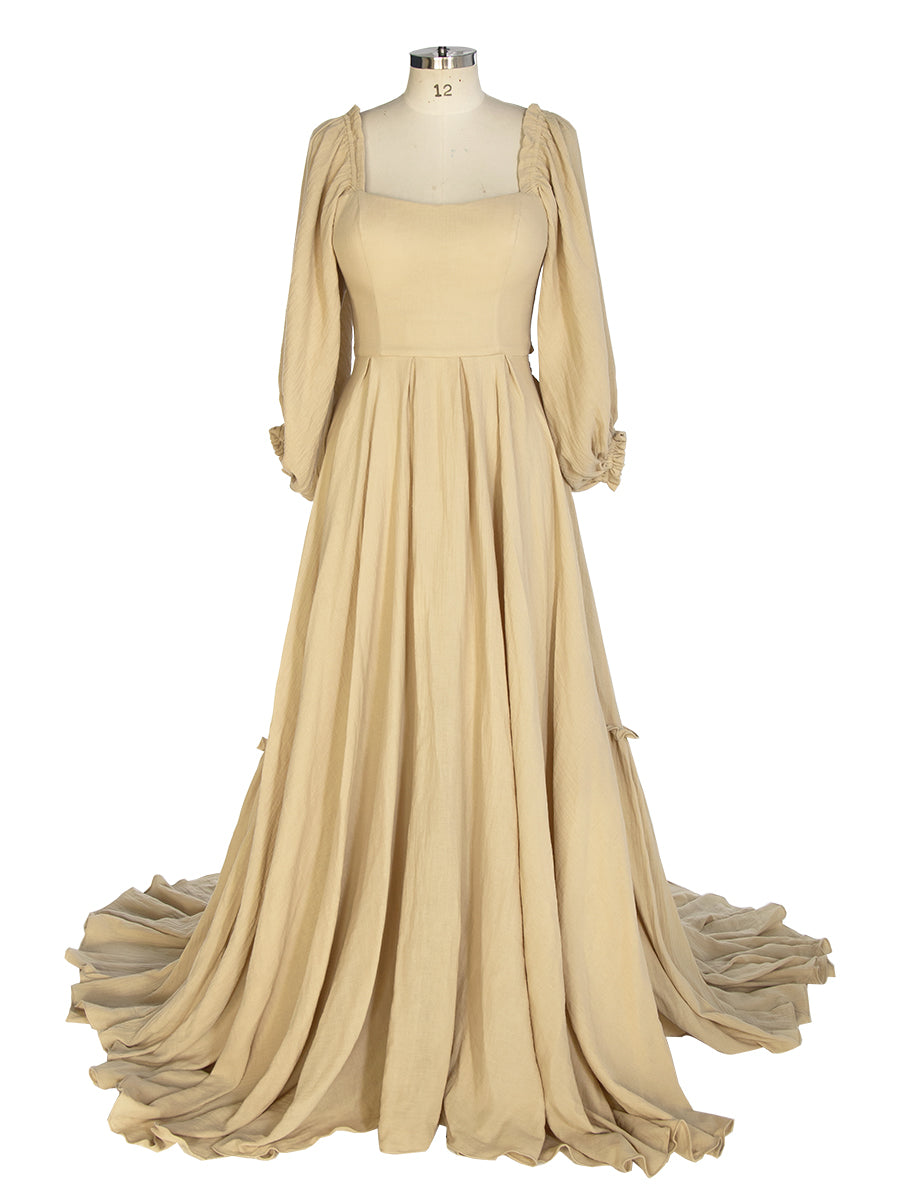 Elegant Long Sleeve Cotton Maxi Dress with Elastic Back Waist