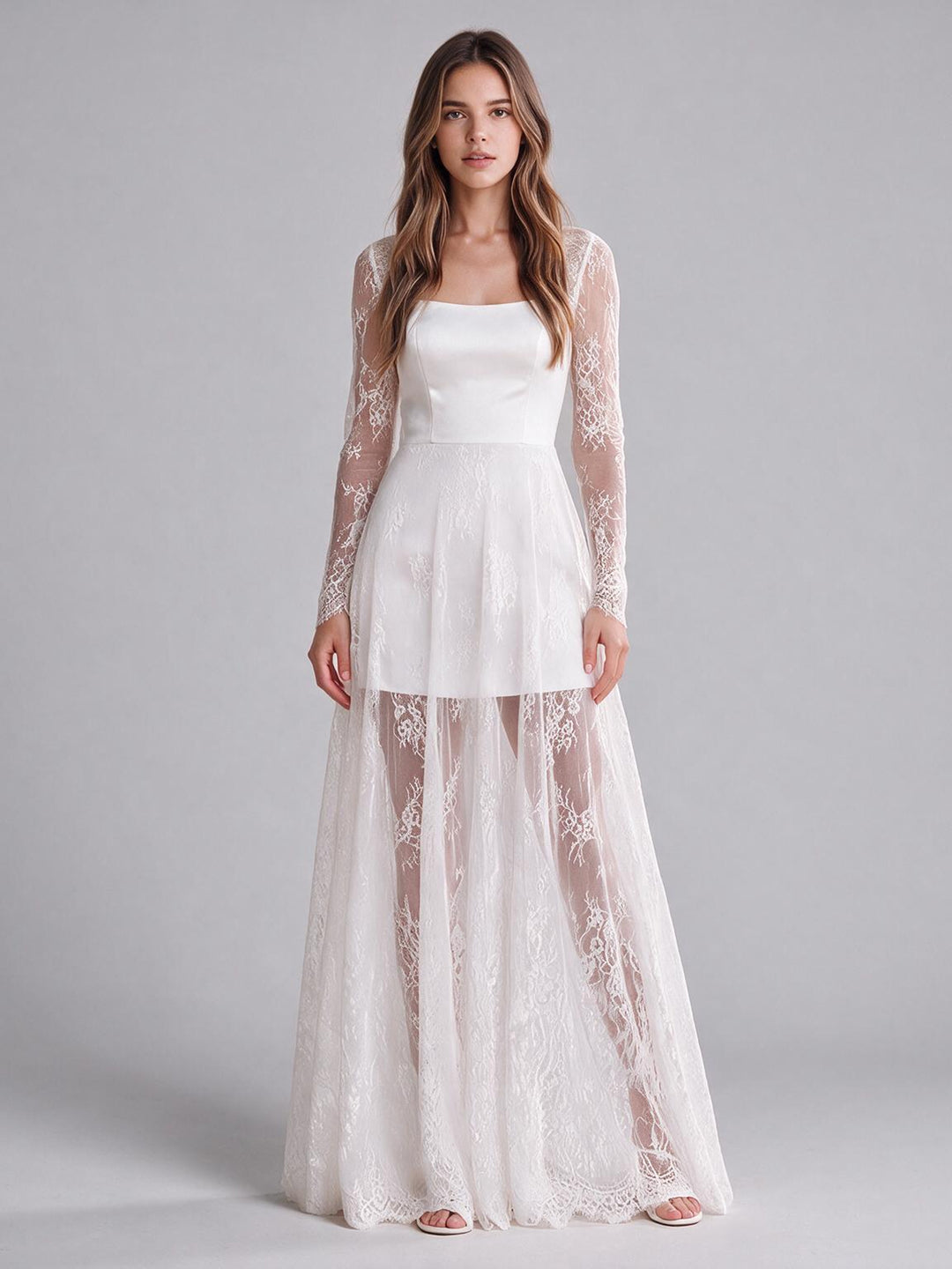 Ivory Long Sleeve Square Neck Wedding Dress with Sheer Lace Overlay Skirt