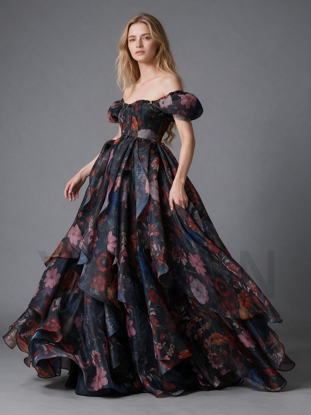 Floral Off-Shoulder Puff Sleeve Tiered Ruffle Princess Dress YW2610136