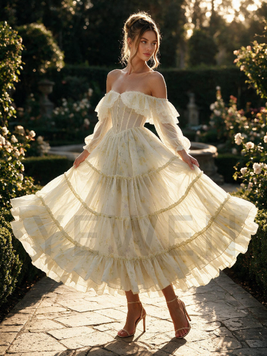 Yellow Floral Layered Ruffle Princess Dress With Puff Sleeve Corset WT268015