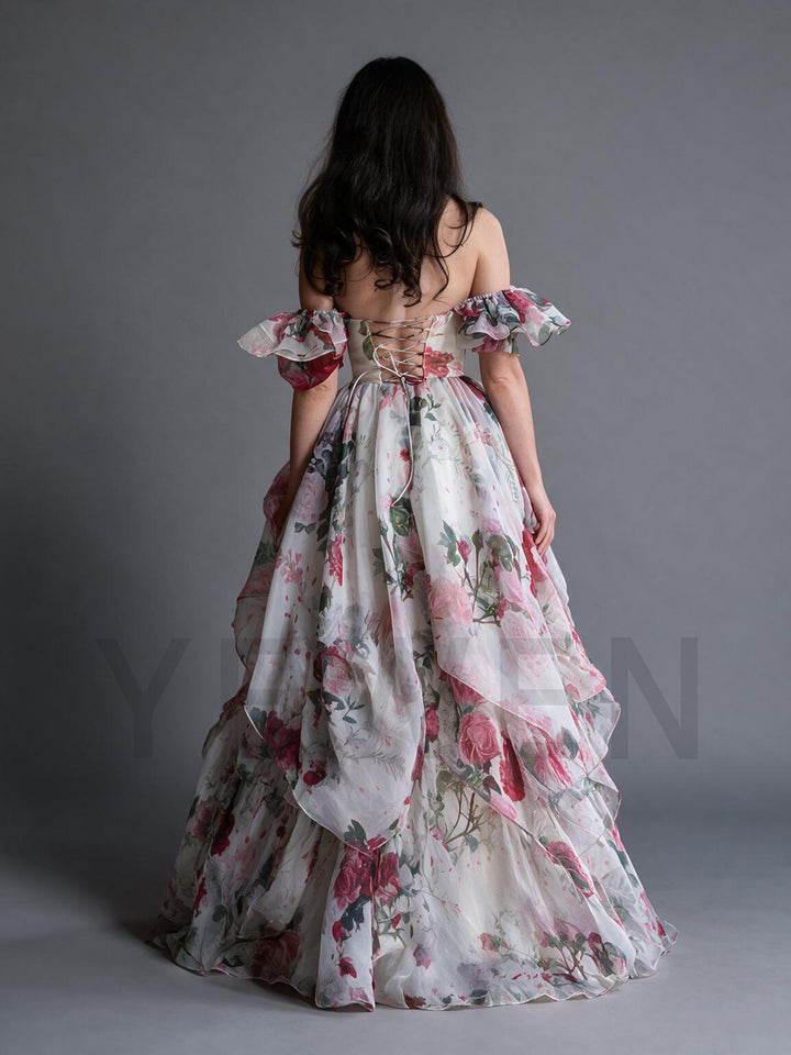Vintage Rose Floral Off-Shoulder Puff Sleeve Princess Dress YW2609273