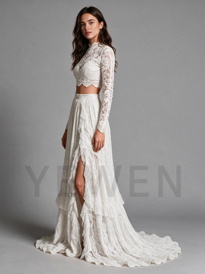 Ivory Two-Piece High Neck Wedding Dress with High Slit Ruffle Skirt