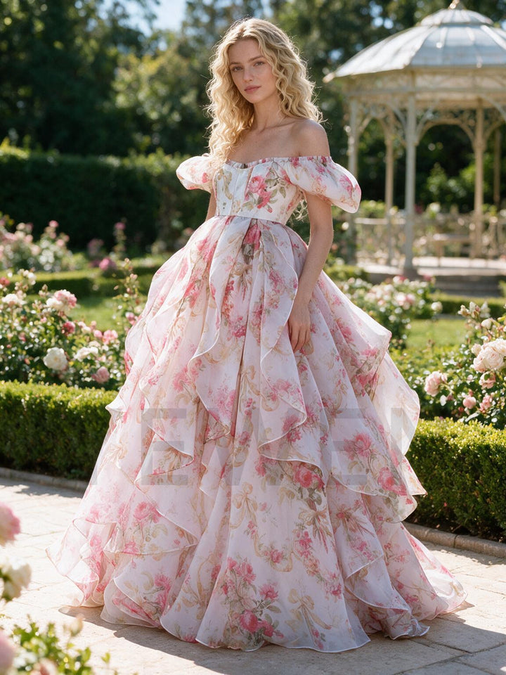 Pink Floral Print Off-Shoulder Puff Sleeve Princess Dress YW2609297