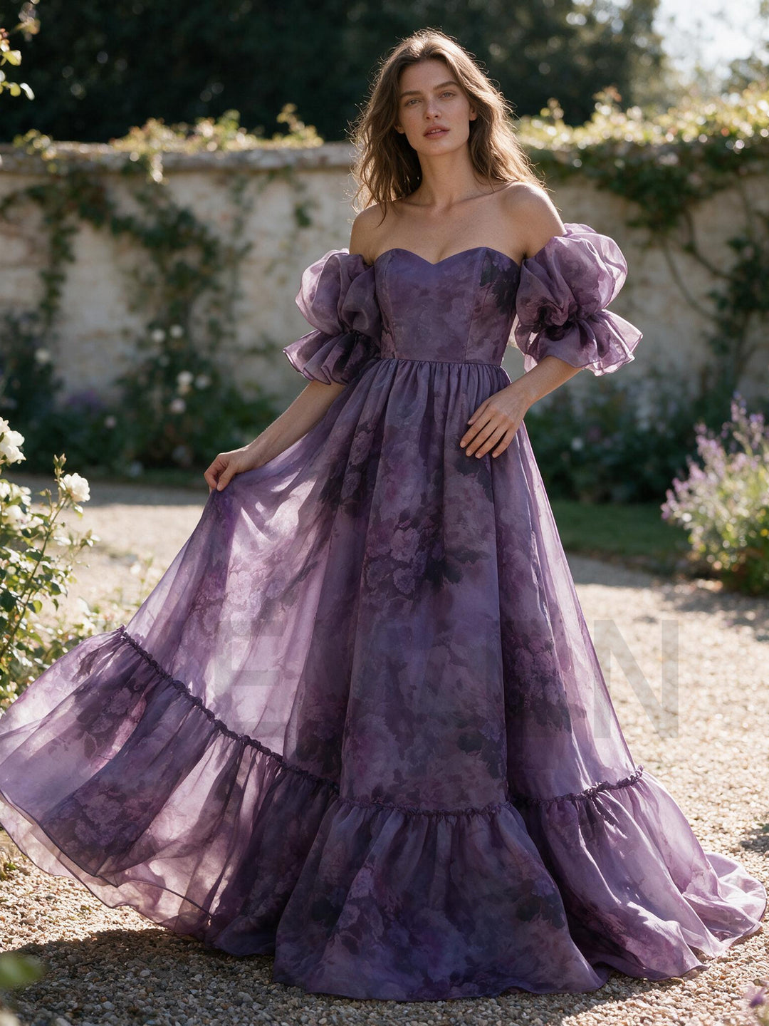 Floral Off-Shoulder Puff Sleeve Tiered Ruffle Princess Dress YW2610153