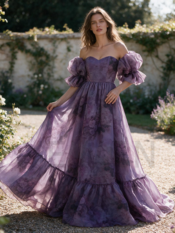 Floral Off-Shoulder Puff Sleeve Tiered Ruffle Princess Dress YW2610153