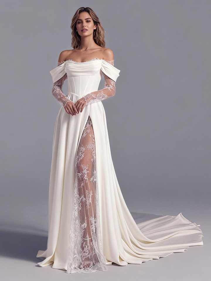 Off Shoulder Wedding Dress Long Sheer Lace Sleeves Bridal Gown