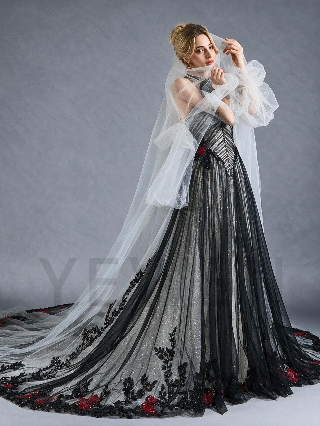 Halter Sheer Mesh Floral Evening Gown with White Tulle Sleeves YX26102