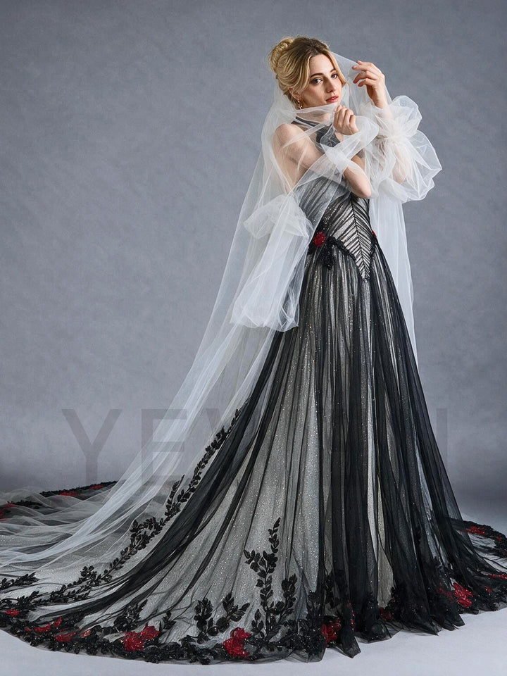 Halter Sheer Mesh Floral Evening Gown with White Tulle Sleeves YX26102