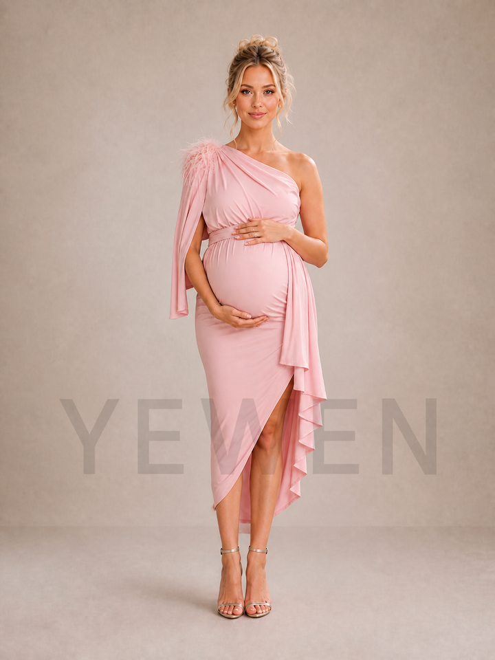 Pink One Shoulder Maternity Baby Shower Dress with Feather Cape Sleeve ZX004