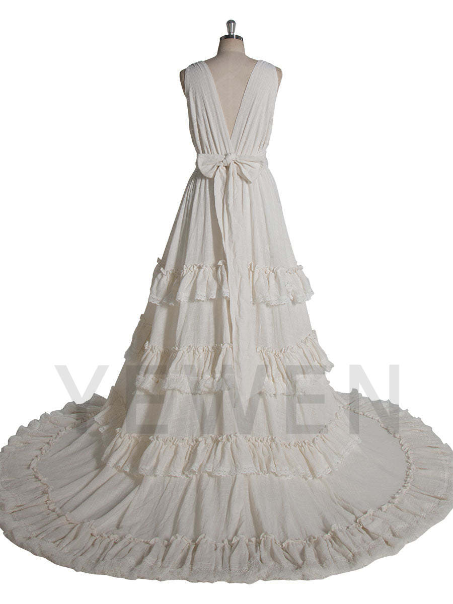 layered boho dress Rustic Raw Cotton Boho Wedding Dress: Tiered Poet Sleeves - Stella