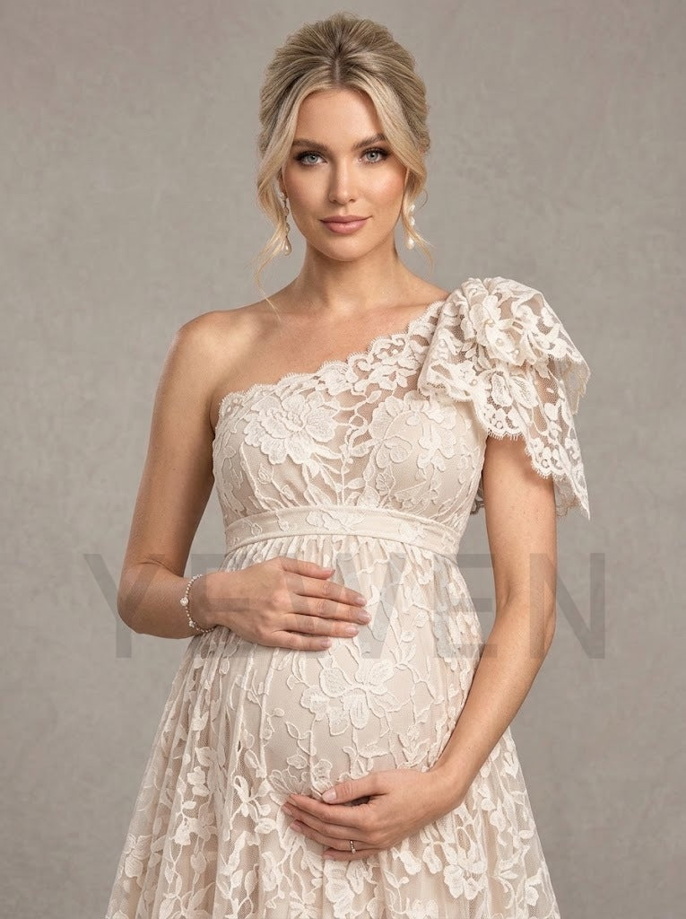 Ivory One-Shoulder Ruffle Lace Maternity Wedding Dress L-26947