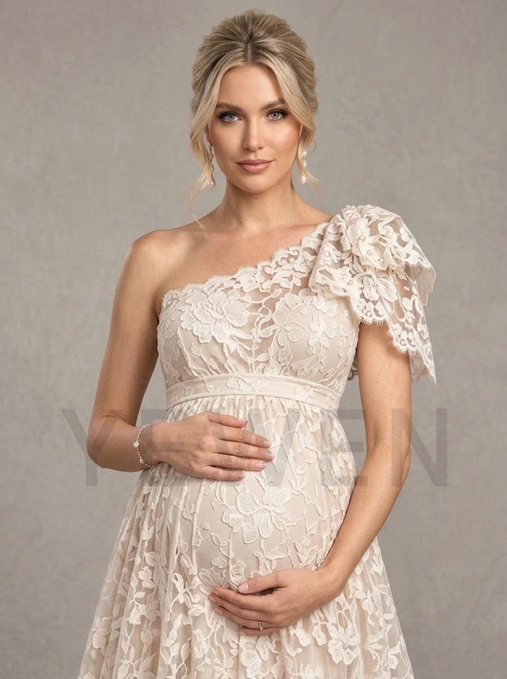Ivory One-Shoulder Ruffle Lace Maternity Wedding Dress L-26947