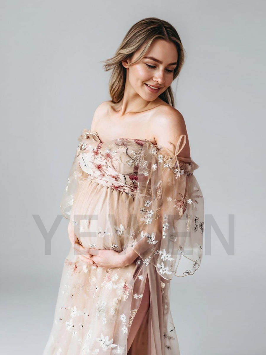 Lace Floral Maternity Photoshoot Dress High Waist Split Gown Pregnancy Photography Baby Shower Long Maxi Dress