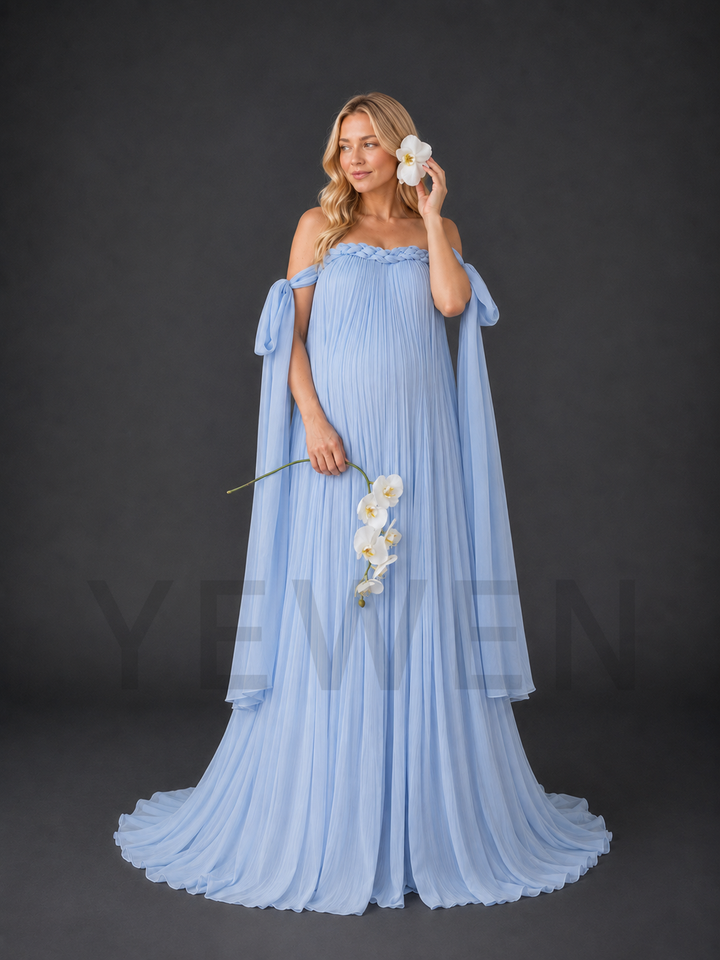 Blue Shoulder Draped Cape Pleated Maternity Photoshoot Gown HY269004