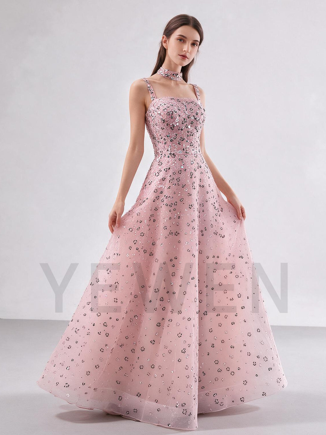 A-Line Square Neck Sequin Floral Evening Gown YX007