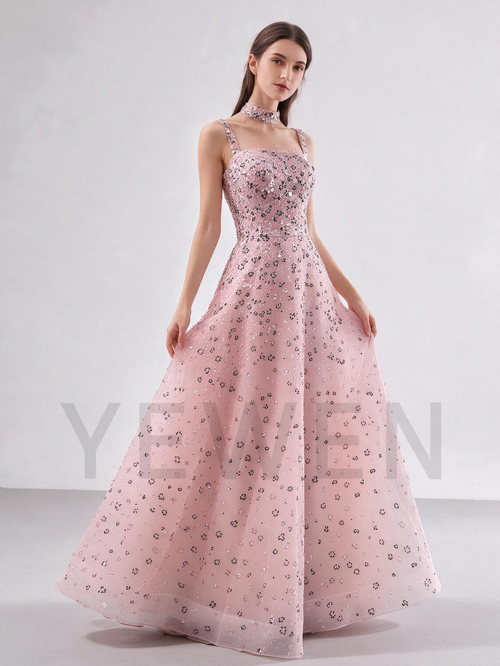 A-Line Square Neck Sequin Floral Evening Gown YX007