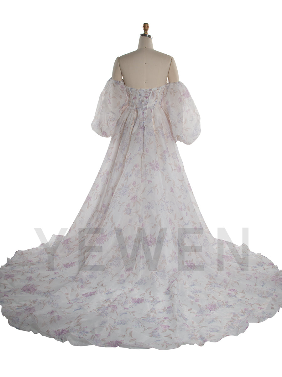 printed organza wedding dress Floral Print Puff Sleeve Bridal Gown by Adrianna Papell 31255P