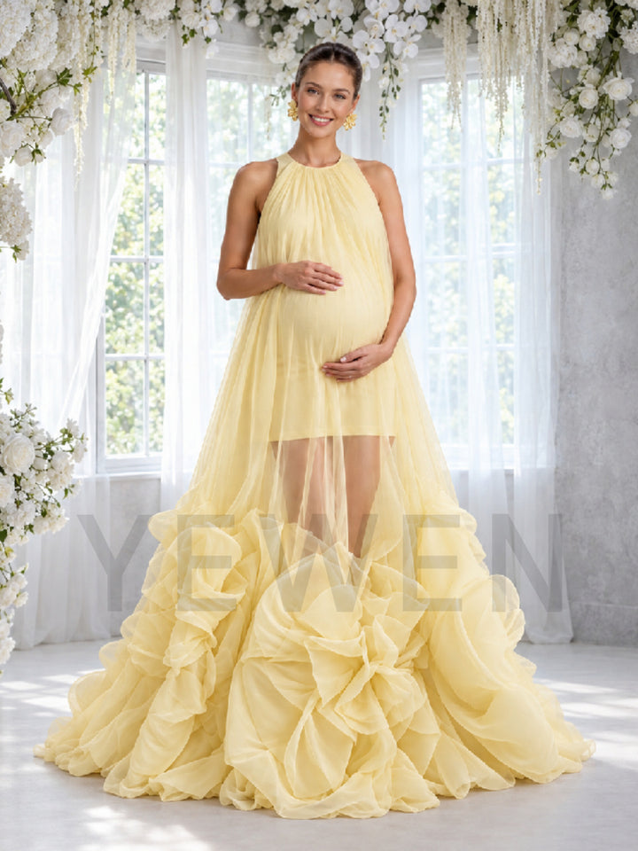 Yellow Halter 3D Ruffle Tulle Sheer Maternity Photoshoot Gown HA261001