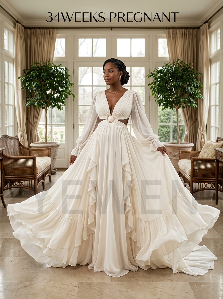 A pregnant model wearing a long-sleeve, deep V-neck, tiered A-line wedding gown in cream/off-white, standing in a bright, elegant room with large windows, curtains, and potted plants. Text overlays read '34WEEKS PREGNANT' at the top and a large semi-transparent 'EME' watermark across the center.