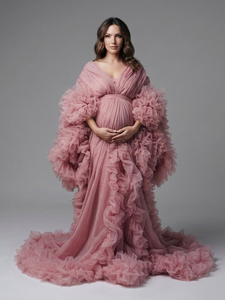Dusty pink deep V ruffle sleeve tulle maternity photoshoot gown, front view.