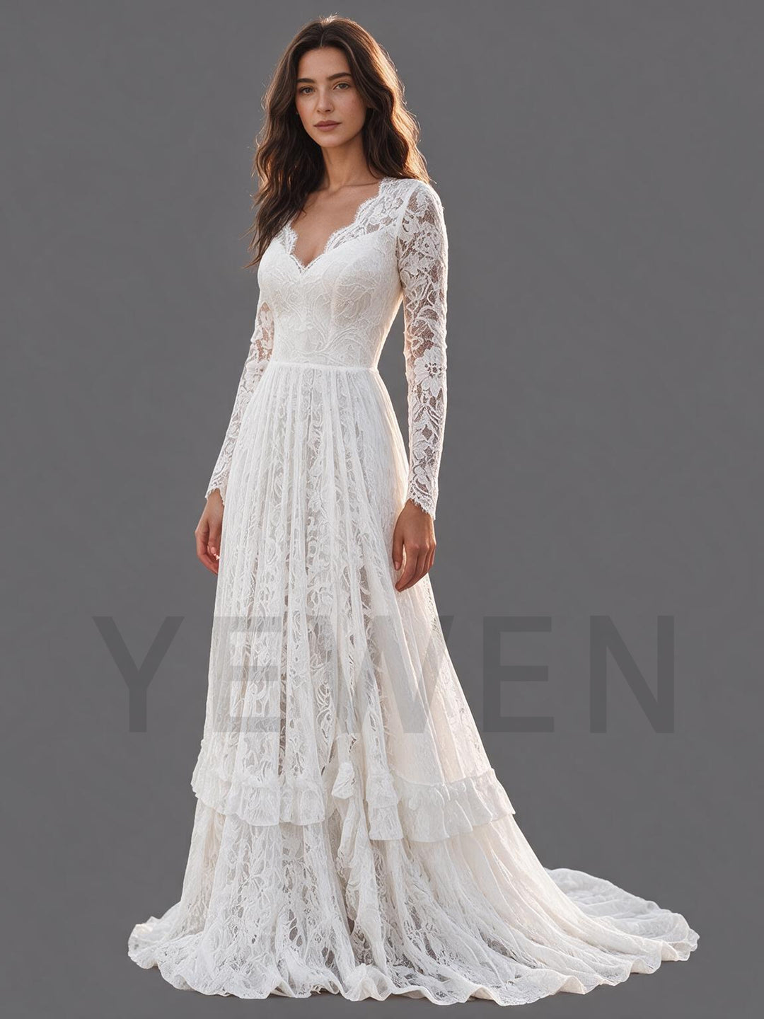 Ivory V-Neck Sheer Long Sleeve Floral Lace Boho Wedding Dress