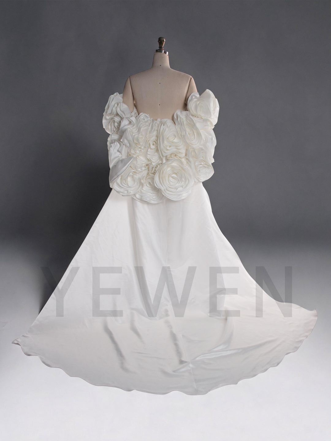Ivory Satin 3D Rose Off-Shoulder Wedding Cape with Long Train YW260328