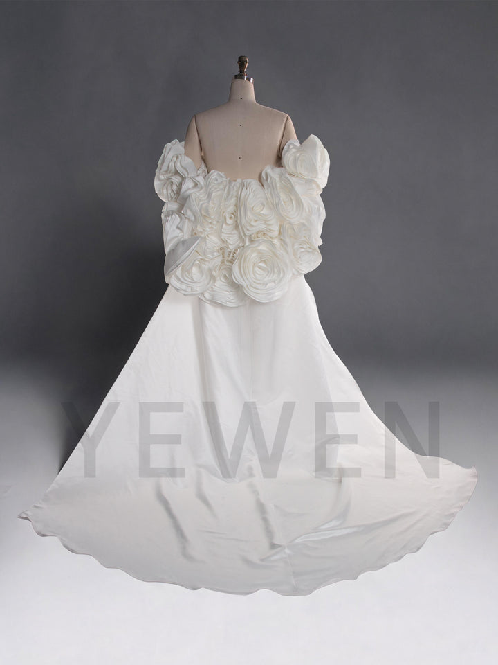 Ivory Satin 3D Rose Off-Shoulder Wedding Cape with Long Train YW260328