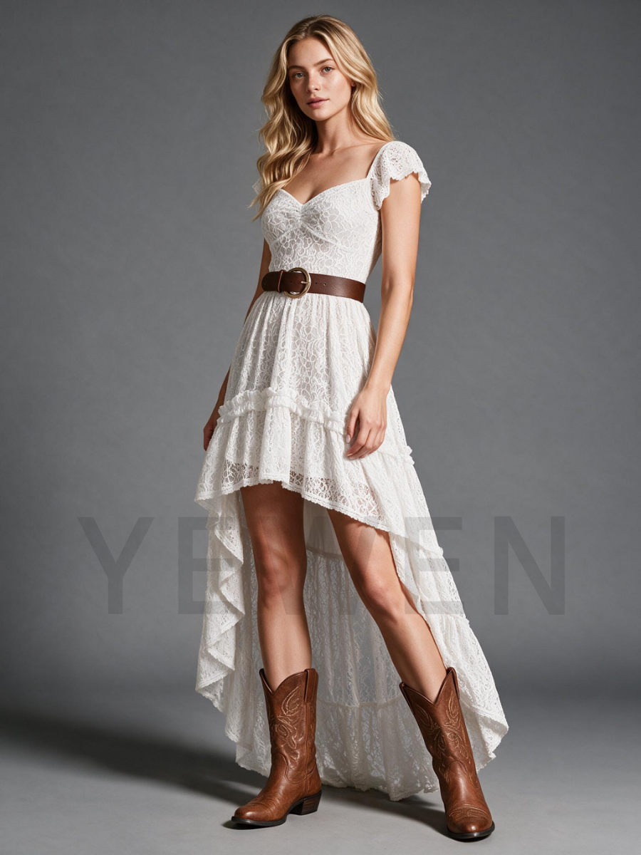 Ivory Lace High-Low Wedding Dress with Flutter Sleeves