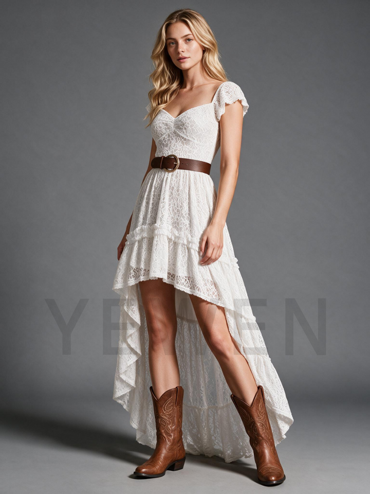 Ivory Lace High-Low Wedding Dress with Flutter Sleeves