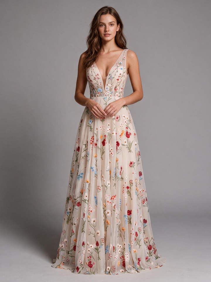Boho Ivory Deep V-Neck Floral Wedding Dress