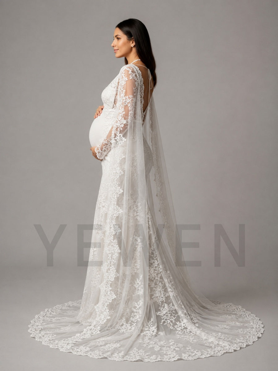 Ivory Lace Mermaid Maternity Wedding Dress with Floor-Length Cape L-26933