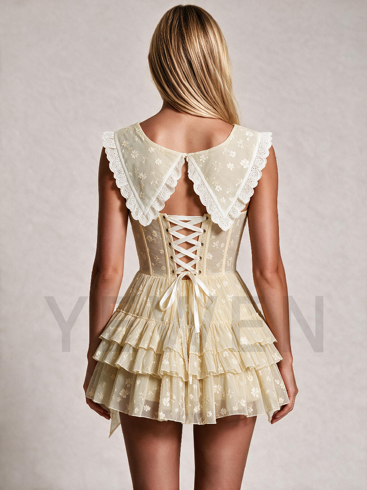 Cream Yellow Floral Princess Dress With Lace Sailor Collar And Bow Skirt WT268017