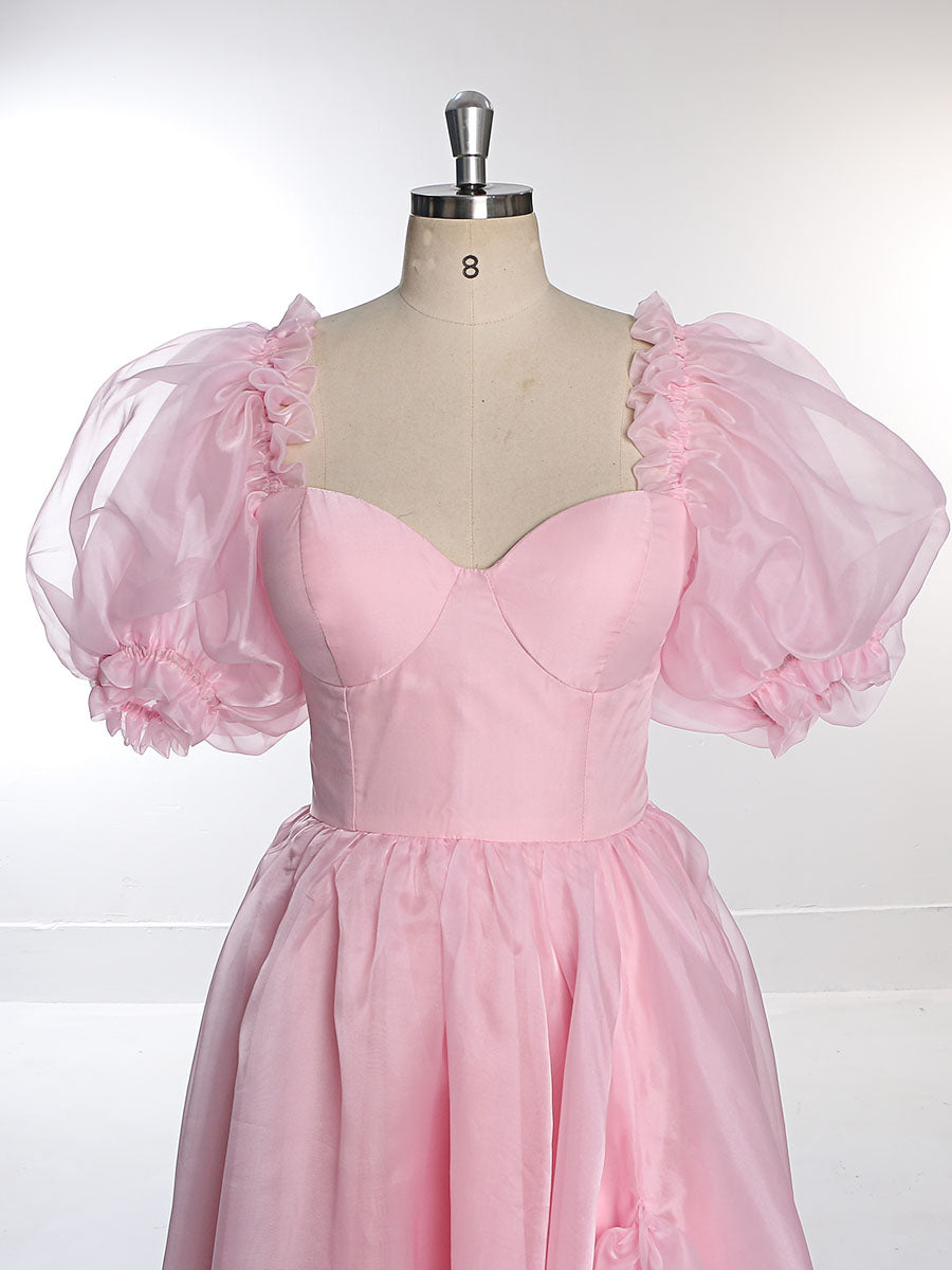 Puff Sleeve Pink Organza Dress Fancy Photo Shoots Dress Lace-Up Back YW231019
