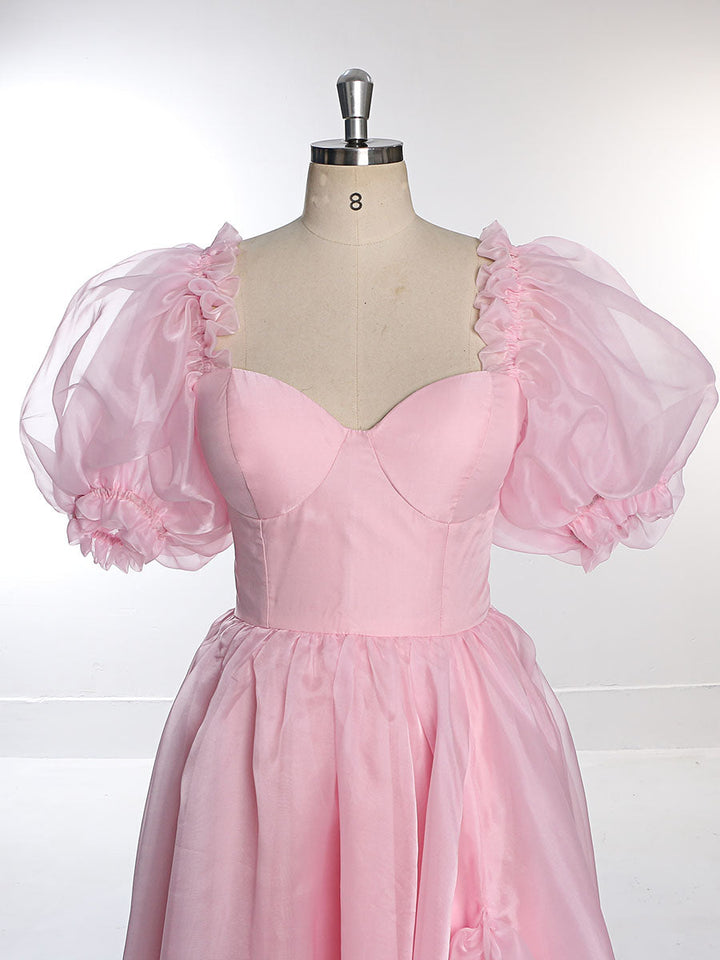 Puff Sleeve Pink Organza Dress Fancy Photo Shoots Dress Lace-Up Back YW231019