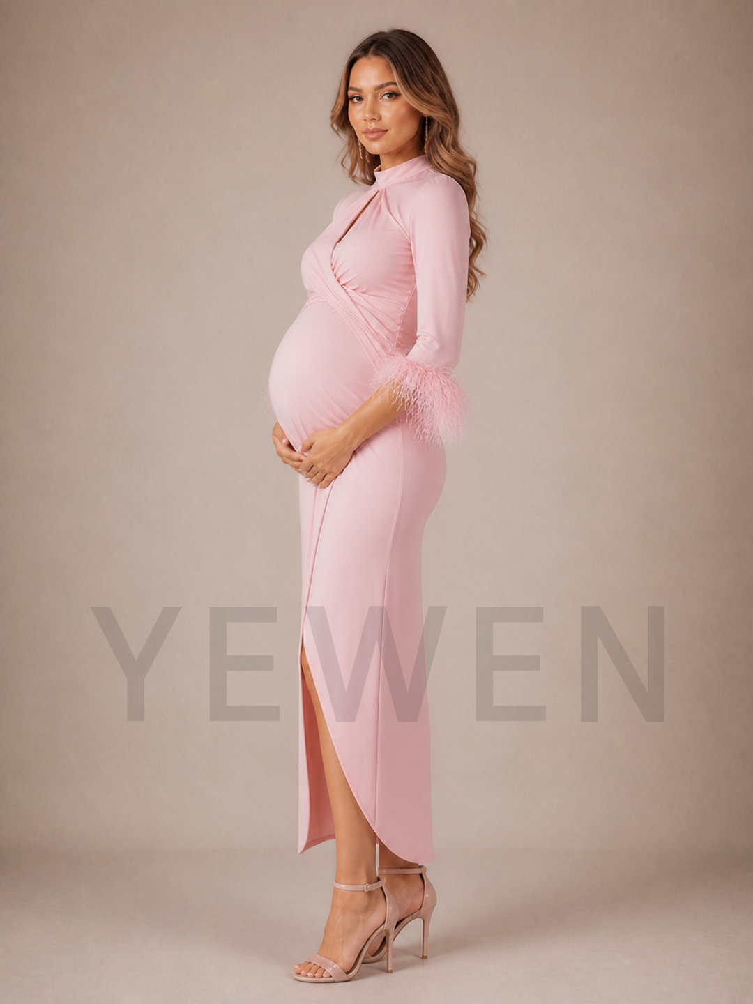 Pink Maternity Baby Shower Dress Mock Neck Wrap Gown with Feather Trim ZX010